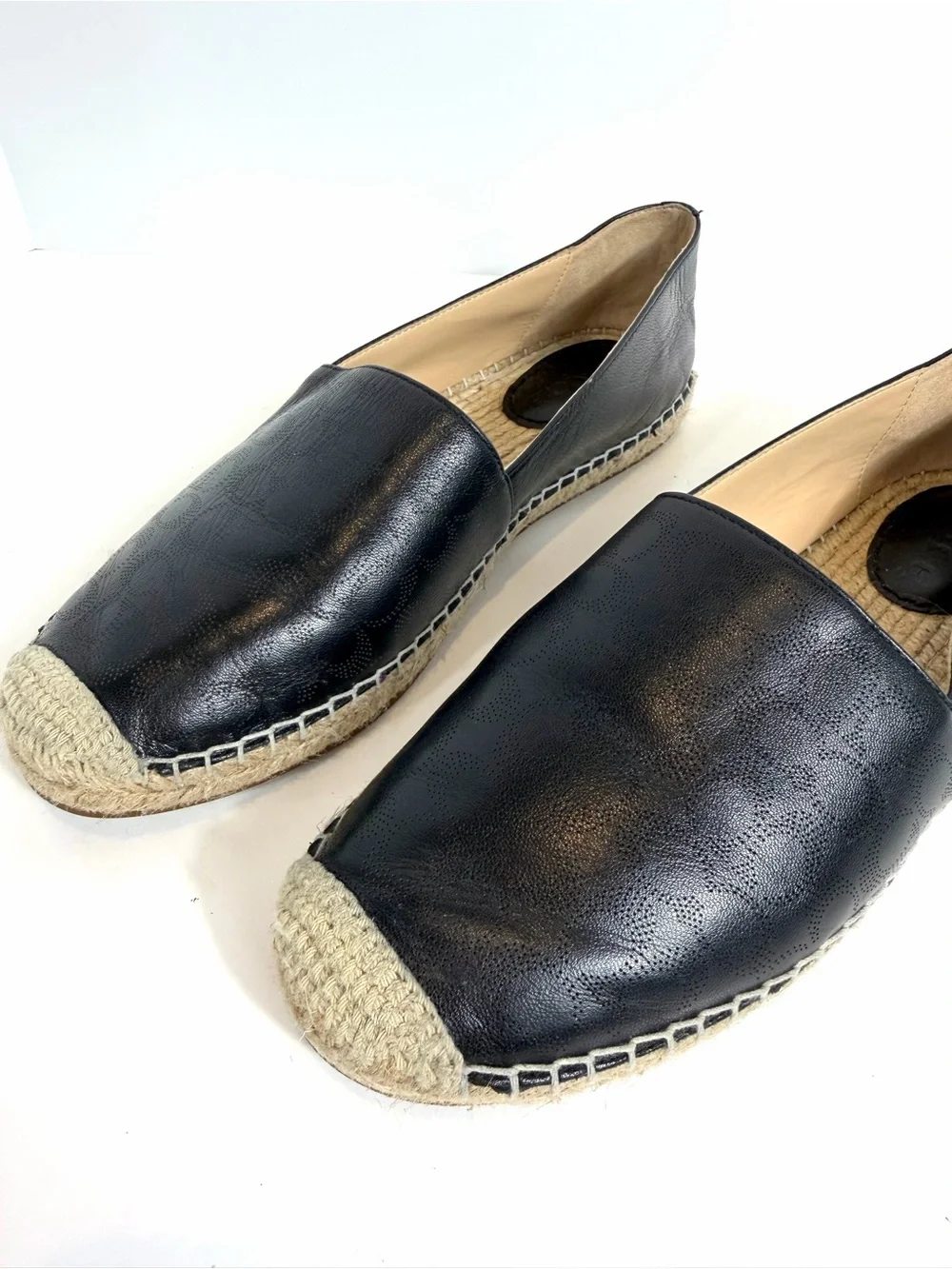 Coach Black Leather Signature Monogram Perforated Espadrille Flats Size 9